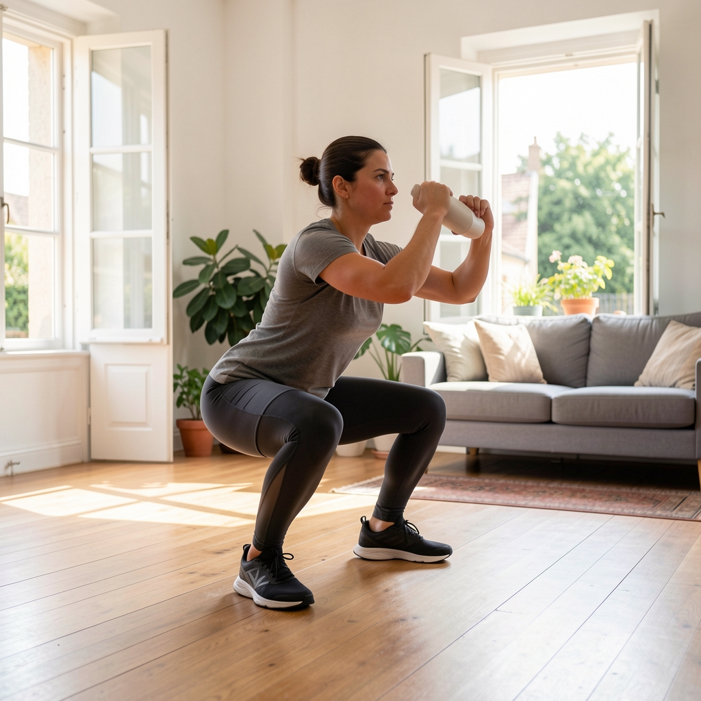 Person performing a controlled bodyweight squat in a bright, naturally lit living room with wooden floors and open windows