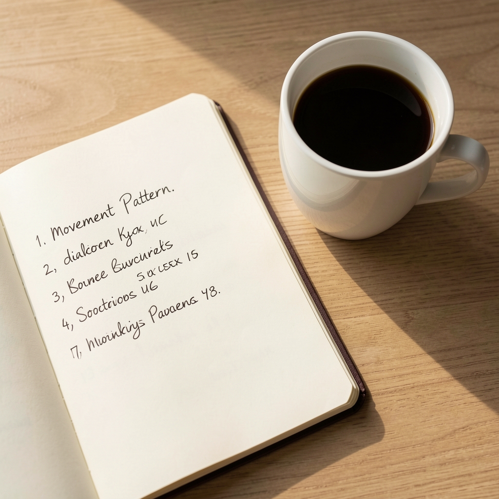 Open notebook with handwritten movement pattern names and sequence numbers alongside a cup of black coffee, soft morning light
