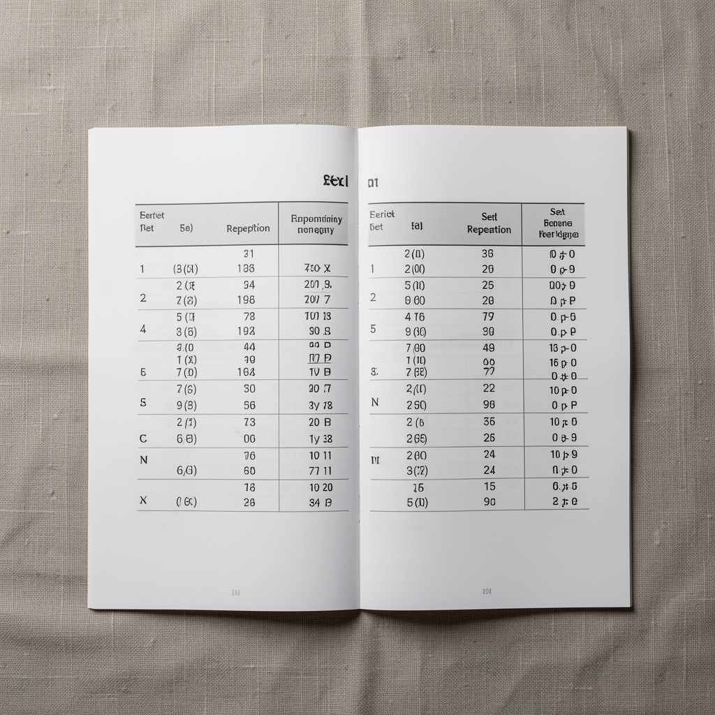 A printed programme document spread on a linen surface, showing exercise notation entries with set and repetition columns visible, in clean studio lighting