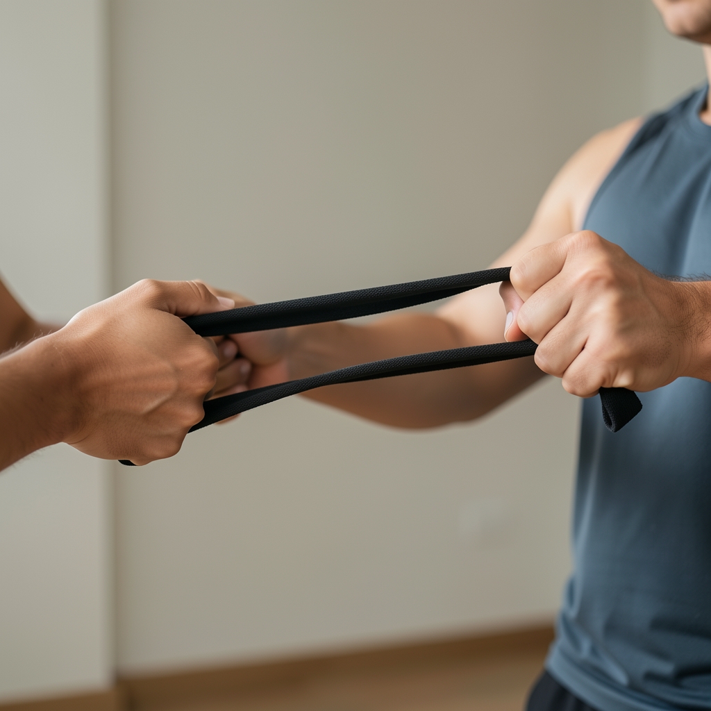 Close-up of resistance band loop stretched between hands during a pulling exercise in a home setting, neutral background