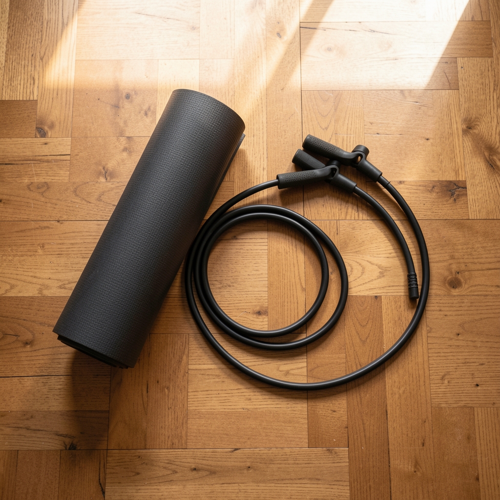 Overhead view of a minimal workout space: a rolled yoga mat, a resistance band coiled on hardwood floor, natural morning light