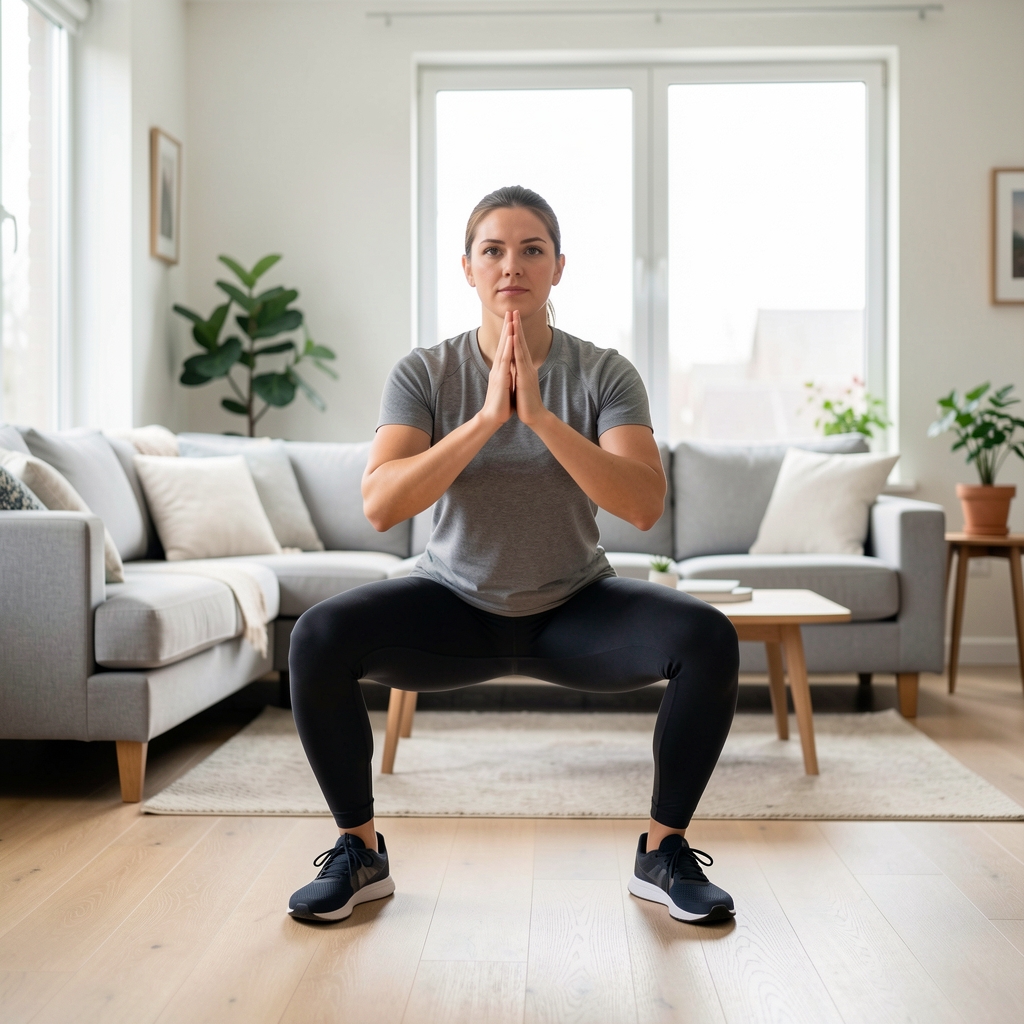 A person performing a controlled bodyweight squat in a bright home living area, feet shoulder-width apart, back straight, natural light