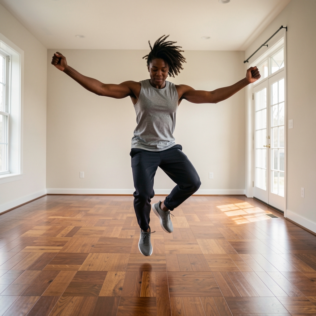 Person mid-jumping-jack in an open room with hardwood floors, in a dynamic interval session posture, motion visible in the limbs